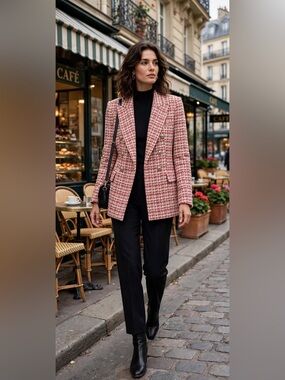 NWT Zara Red White Tweed Double Breasted Blazer Jacket Small